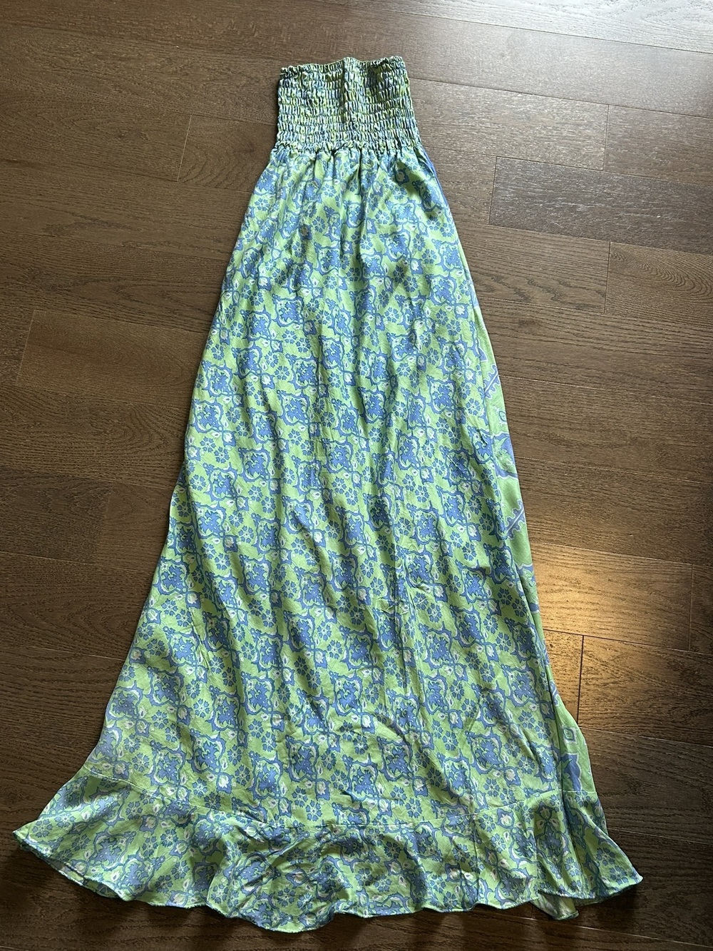 Guru For Life Upcycled Boho Smocked Maxi Dress Skirt Green Blue